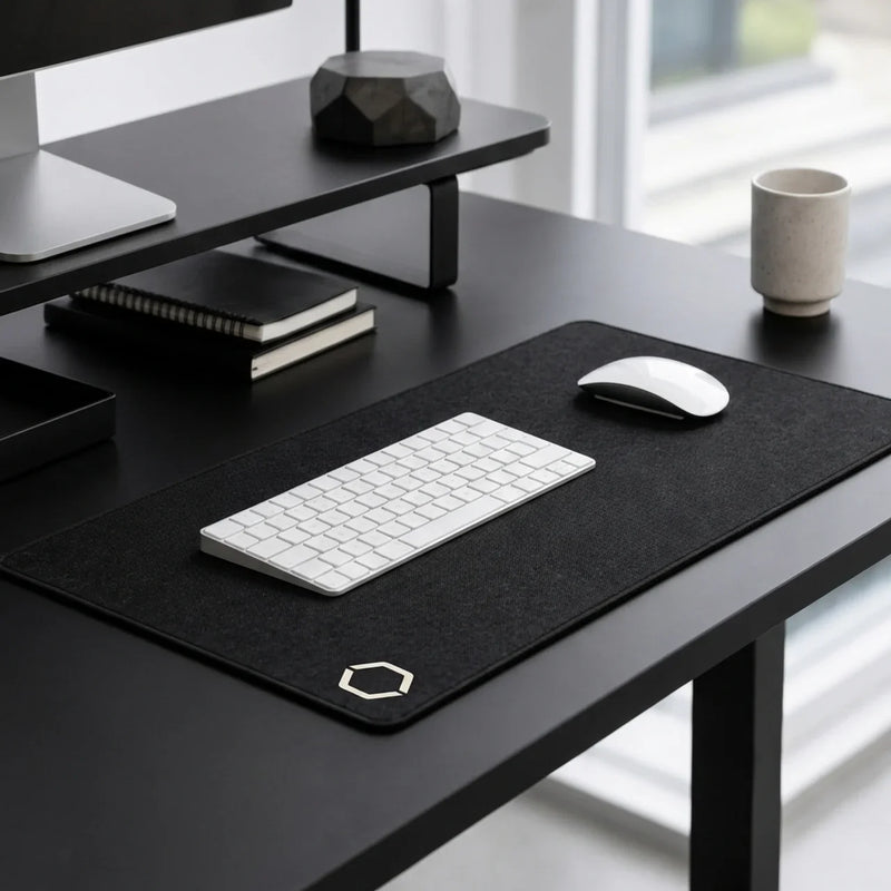 The Difavo Desk Mat on a black desk with a monitor riser, a notebook and a mug