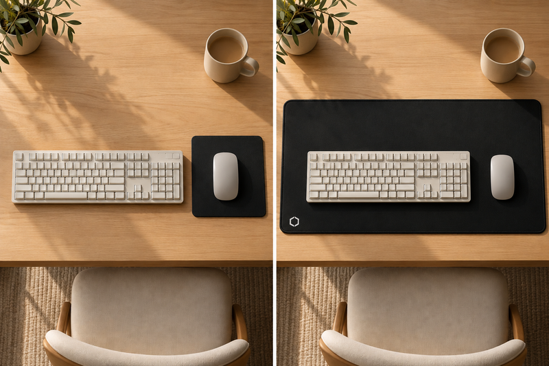 Illustration: a keyboard and mouse on a large matte black desk mat, next to a setup with a small mouse pad beside a keyboard on a bare wooden desk
