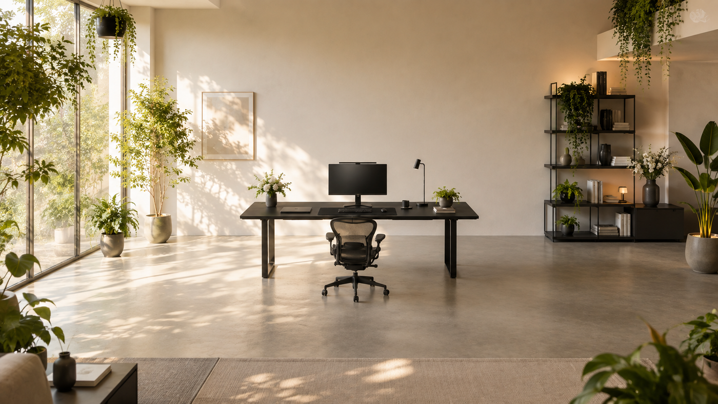 A calm modern office with warm daylight