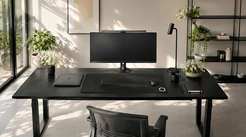 A calm, daylit office with the Difavo Desk Mat on a wide black desk