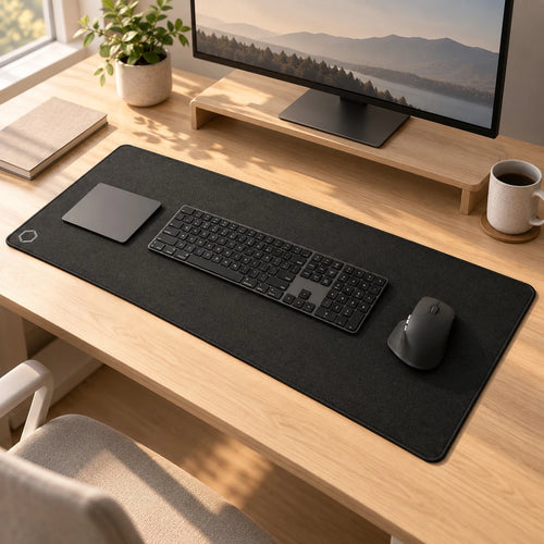 Difavo black desk mat on a light oak desk with keyboard, mouse and monitor
