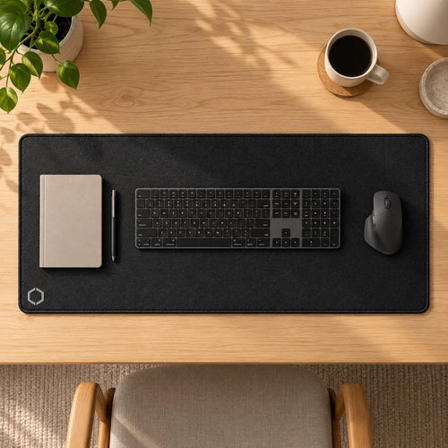 Top view of the Difavo desk mat, 900 x 400 mm, with full-size keyboard, mouse and notebook