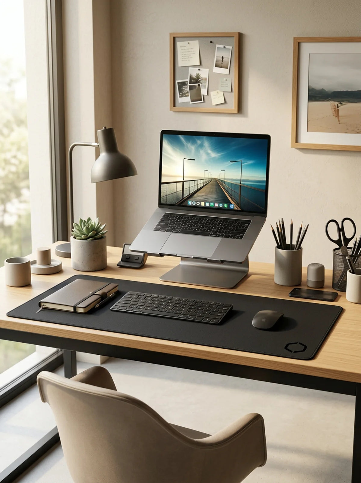 The Difavo Desk Mat on a busy creative desk with a laptop, notebook and pencils