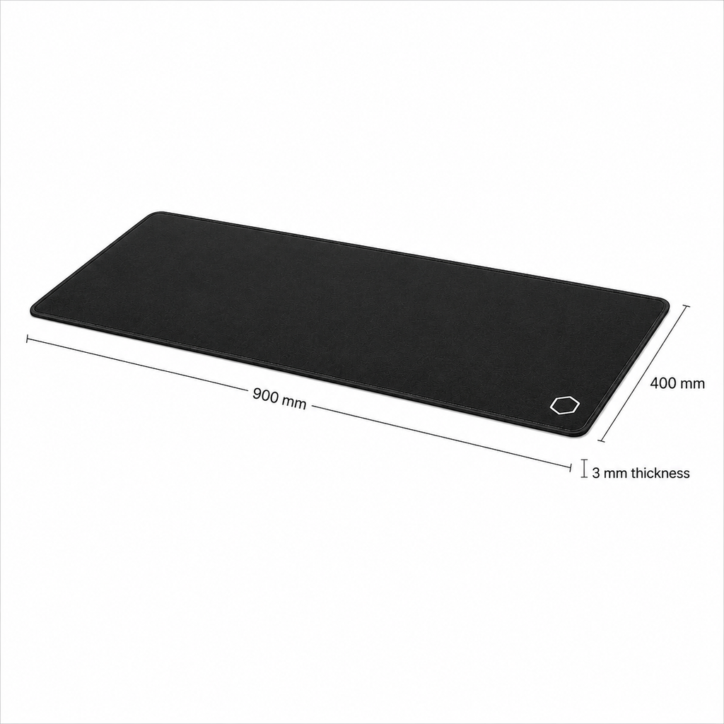 Angled view of the black Difavo desk mat with scale dimensions labelled 900 mm by 400 mm and 3 mm thickness