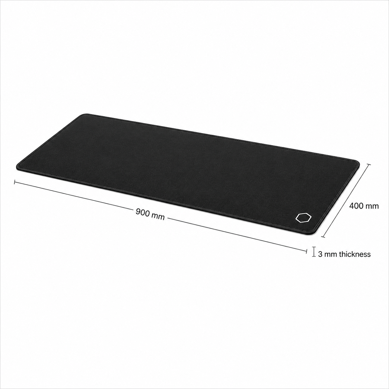Angled view of the black Difavo desk mat with scale dimensions labelled 900 mm by 400 mm and 3 mm thickness