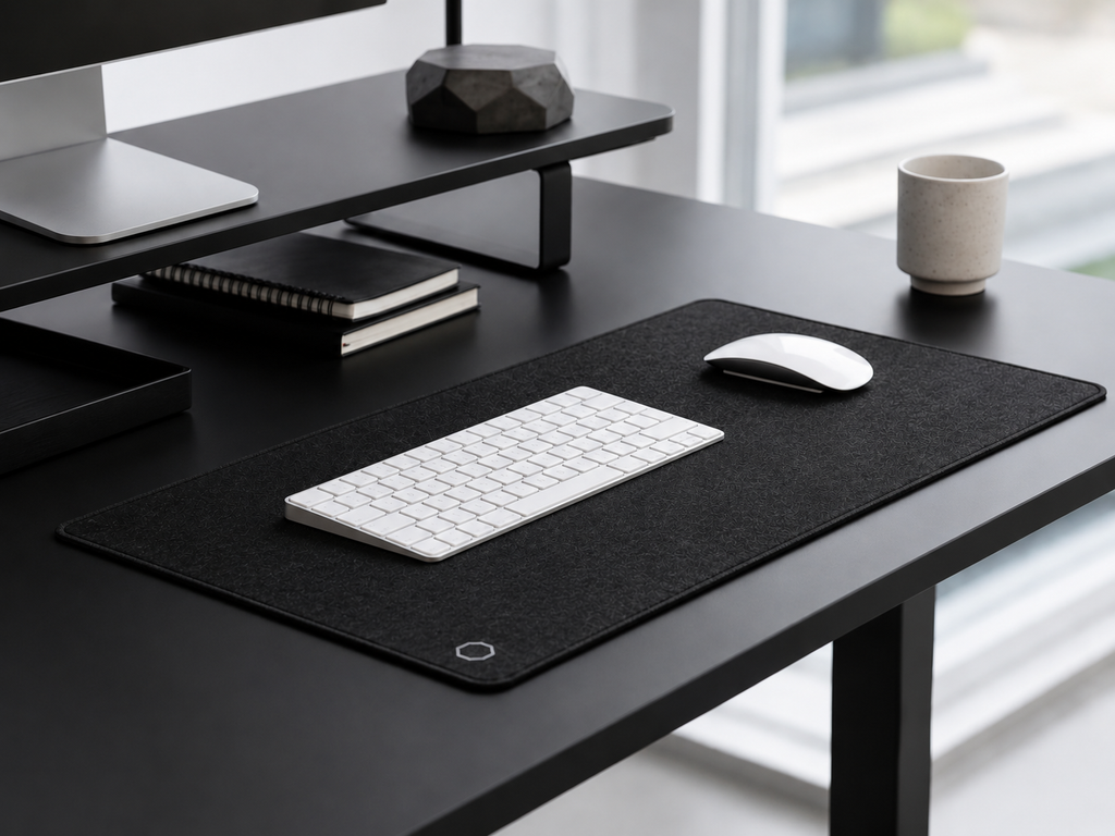 Black Difavo desk mat on a desk with an Apple keyboard, mouse, notebook and mug in a Mac workspace setup
