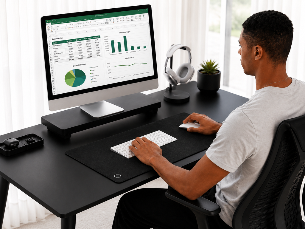 Person working at a monitor desk setup with hand on the mouse on the black Difavo desk mat