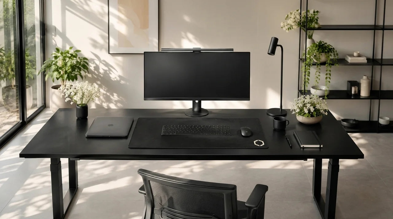 A matte black Difavo desk mat on a dark desk in a calm, daylit workspace