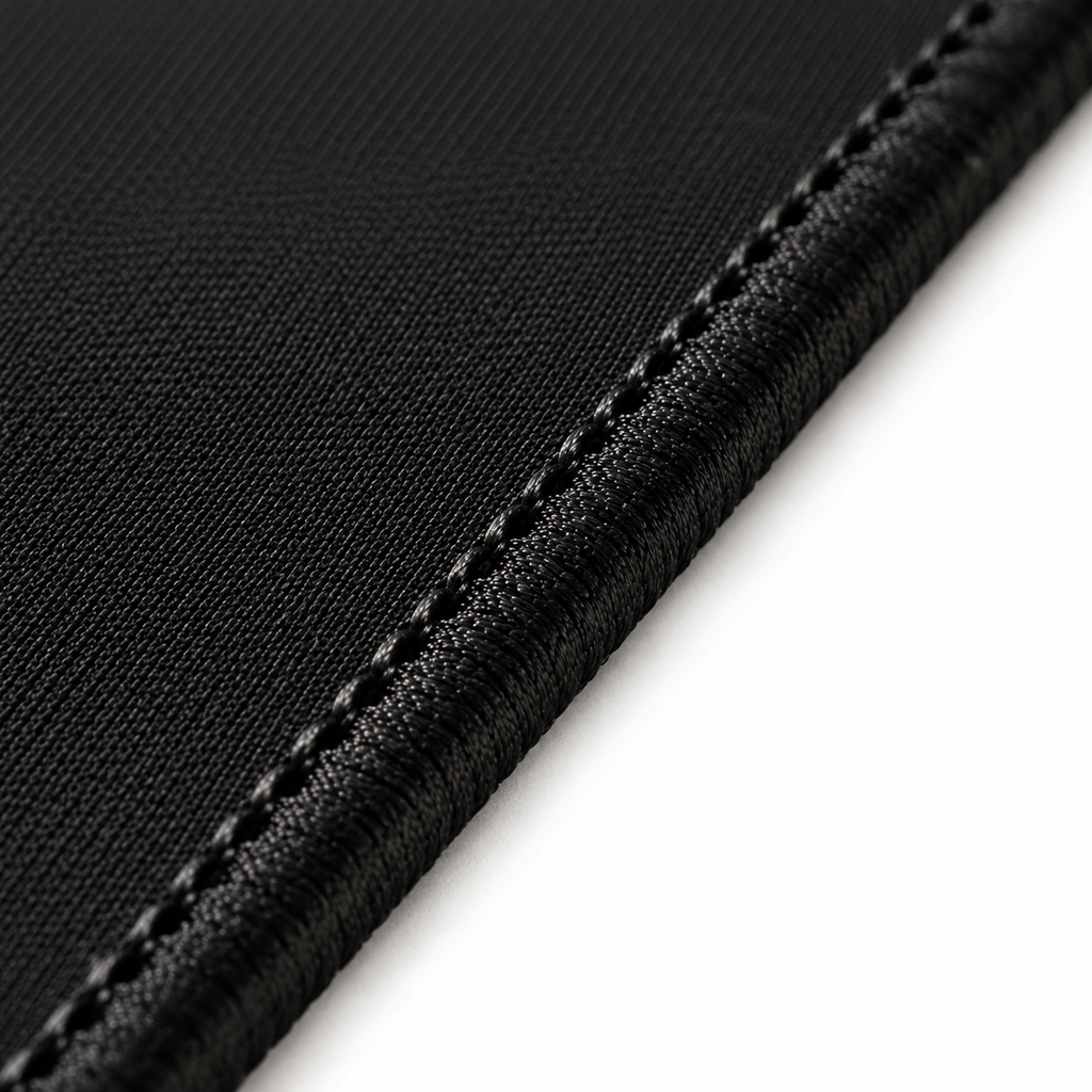 Close-up of the precision-stitched edge on the black Difavo Desk Mat