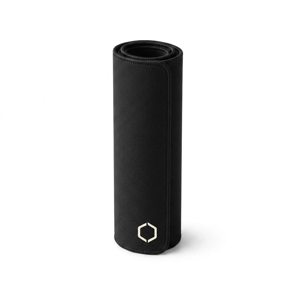 The Difavo Desk Mat rolled and secured with a strap, ready to ship